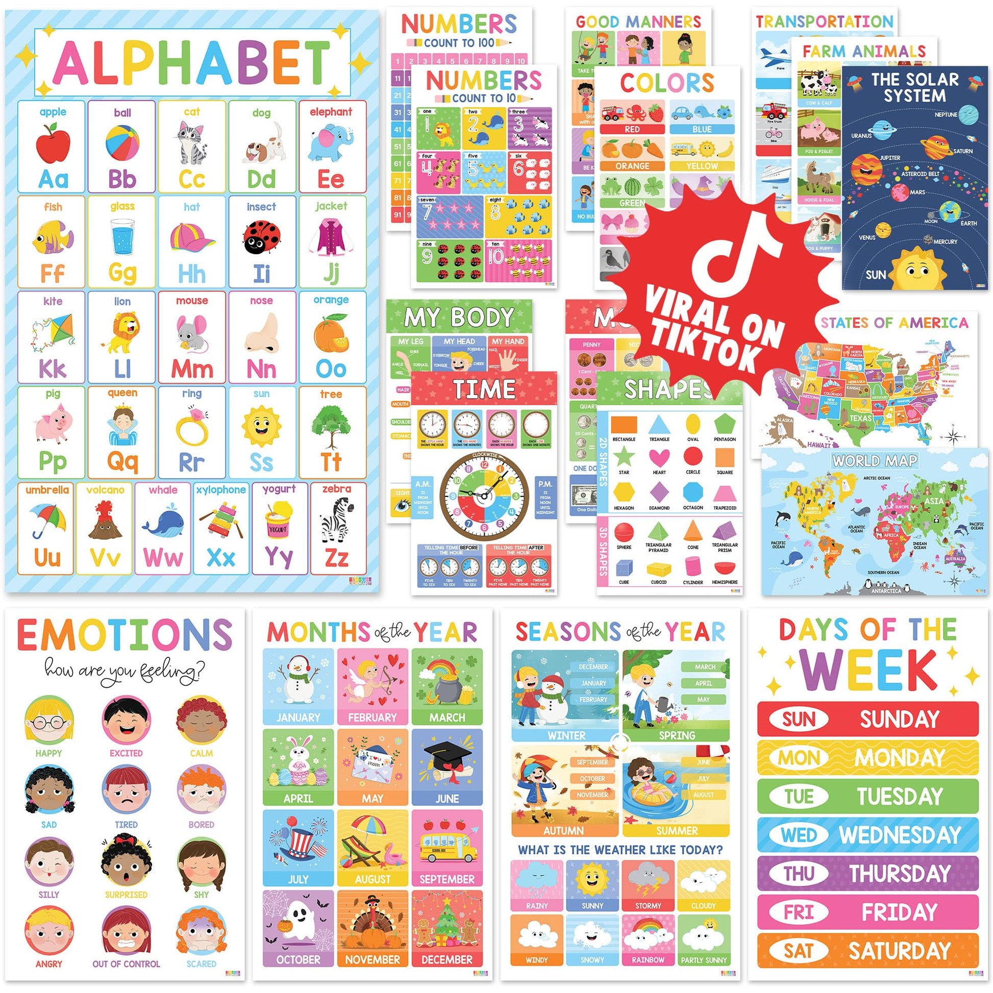 Buy now BEAWART 18 Laminated Educational Posters For Toddlers, Preschool Posters for Classroom, Kindergarten Wall Decor, PreK Learning Materials Alphabet Number Chart Colorful at indiglob india