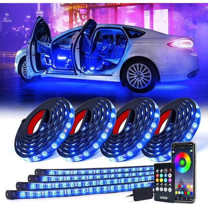 Xprite Car Underglow Neon Accent Strip Lights, 4 Pcs RGB 252 LEDs Underglow Kit with Sound Active Function Music Mode & Wireless Remote, Exterior Car Lights Underbody Lighting for Truck SUV Van