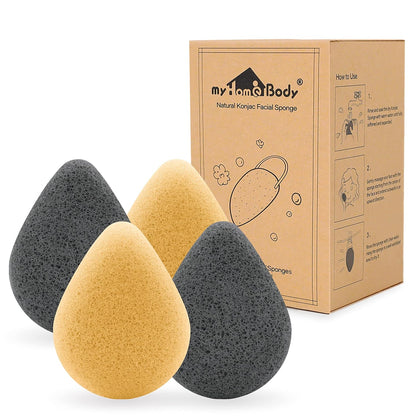 myHomeBody Natural Konjac Facial Sponges – Teardrop Shape - for Gentle Face Cleansing and Exfoliation - with Activated Charcoal and Aloe Vera, Set of 4