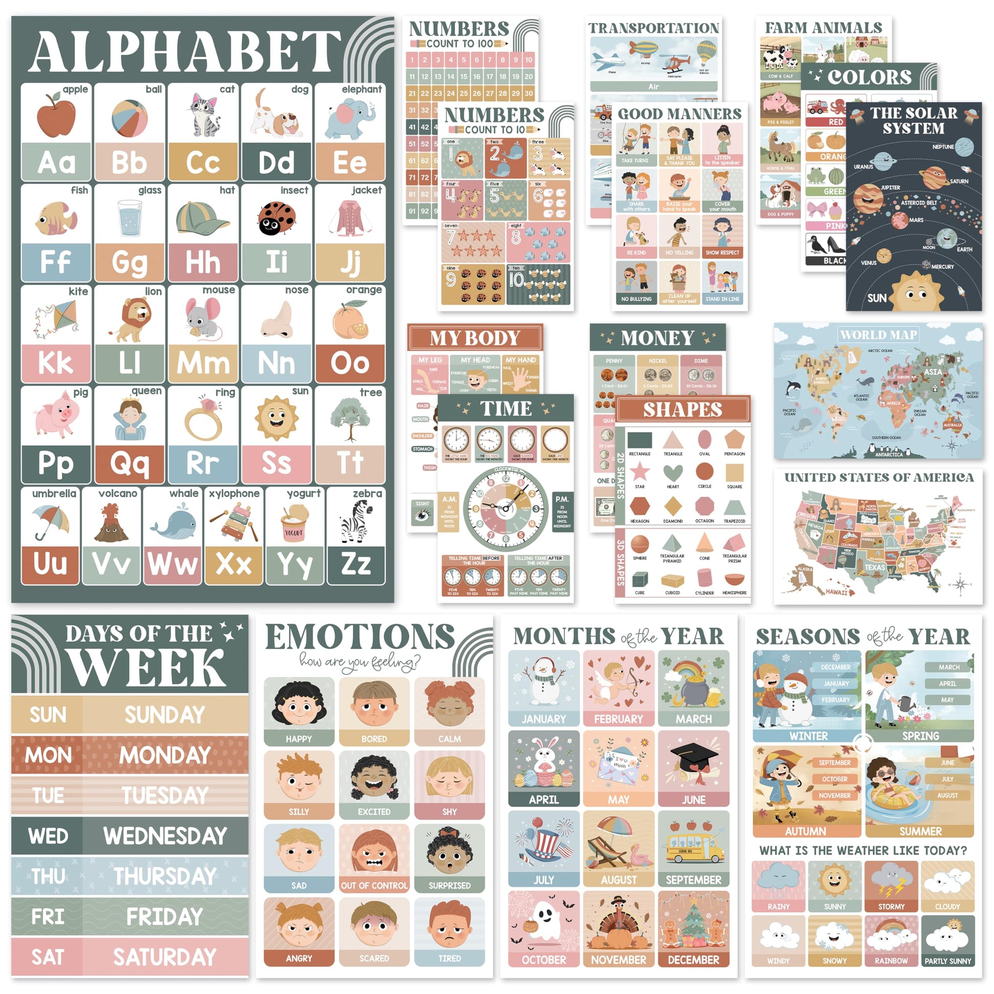Buy now BEAWART 18 Laminated Educational Posters For Toddlers, Preschool Posters for Classroom, Kindergarten Wall Decor, PreK Learning Materials Alphabet Number Chart at indiglob india