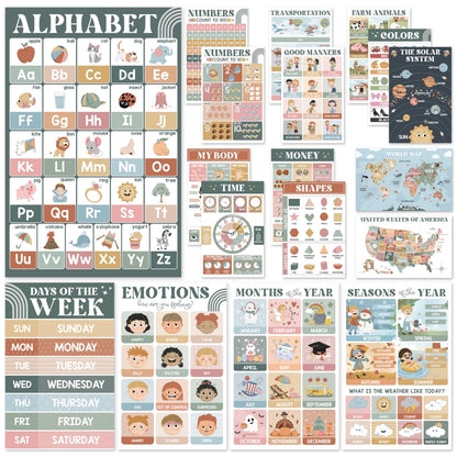 Buy now BEAWART 18 Laminated Educational Posters For Toddlers, Preschool Posters for Classroom, Kindergarten Wall Decor, PreK Learning Materials Alphabet Number Chart Modern Boho at indiglob india