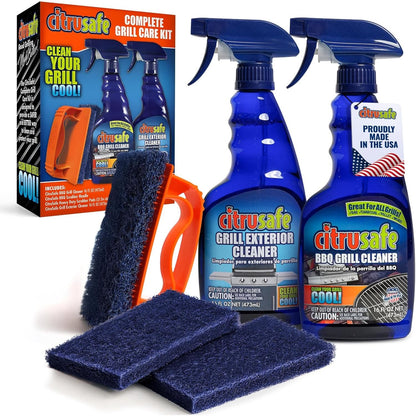 Citrusafe Grill Care Kit - BBQ Grid and Grill Grate Cleanser, Exterior Cleaner, and Scrubber by Citrusafe (16 oz Each)