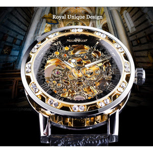 Winner Retro Manual Mechanical Skeleton Watch with Diamond and Carving Flower Craft Men Skeleton Wrist Watch Mechanical Classic Roman Number