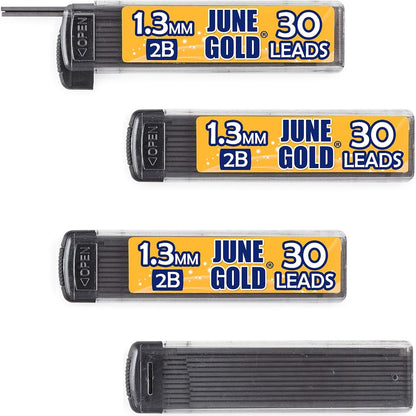 June Gold 120 Pieces, 1.3 mm 2B Lead Refills, 30 Pieces Per Dispenser, Medium Bold Thickness, Break Resistant Lead/Graphite (Pack of 4 Dispensers)