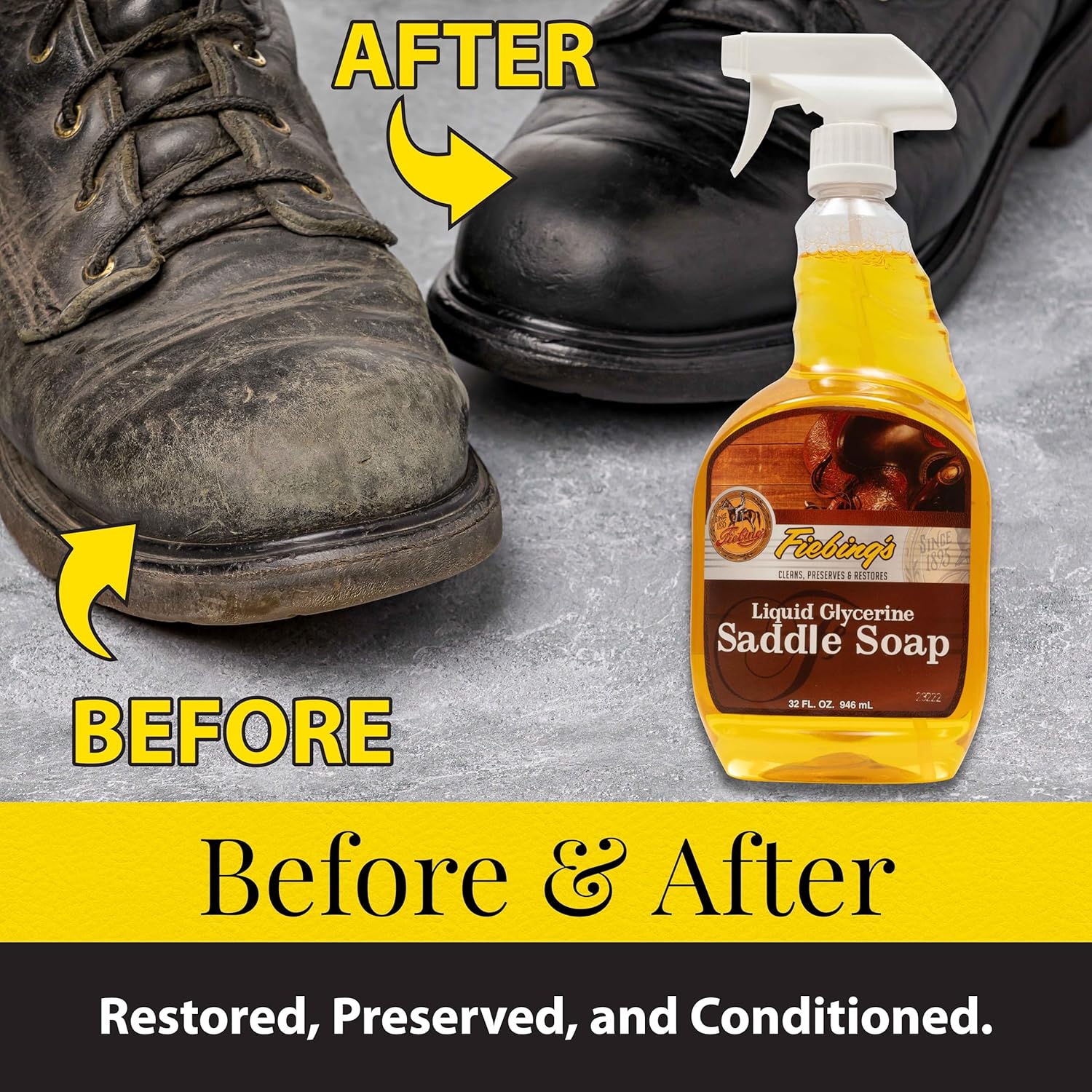Buy now Fiebing's Liquid Glycerine Saddle Soap for Leather (32 oz) - Smooth Leather Cleaner & Conditioner to Soften, Protect & Restore Leathercraft - for Car Seat, Couch, Shoe, Purse, Boot, Bag, & Saddles at indiglob india