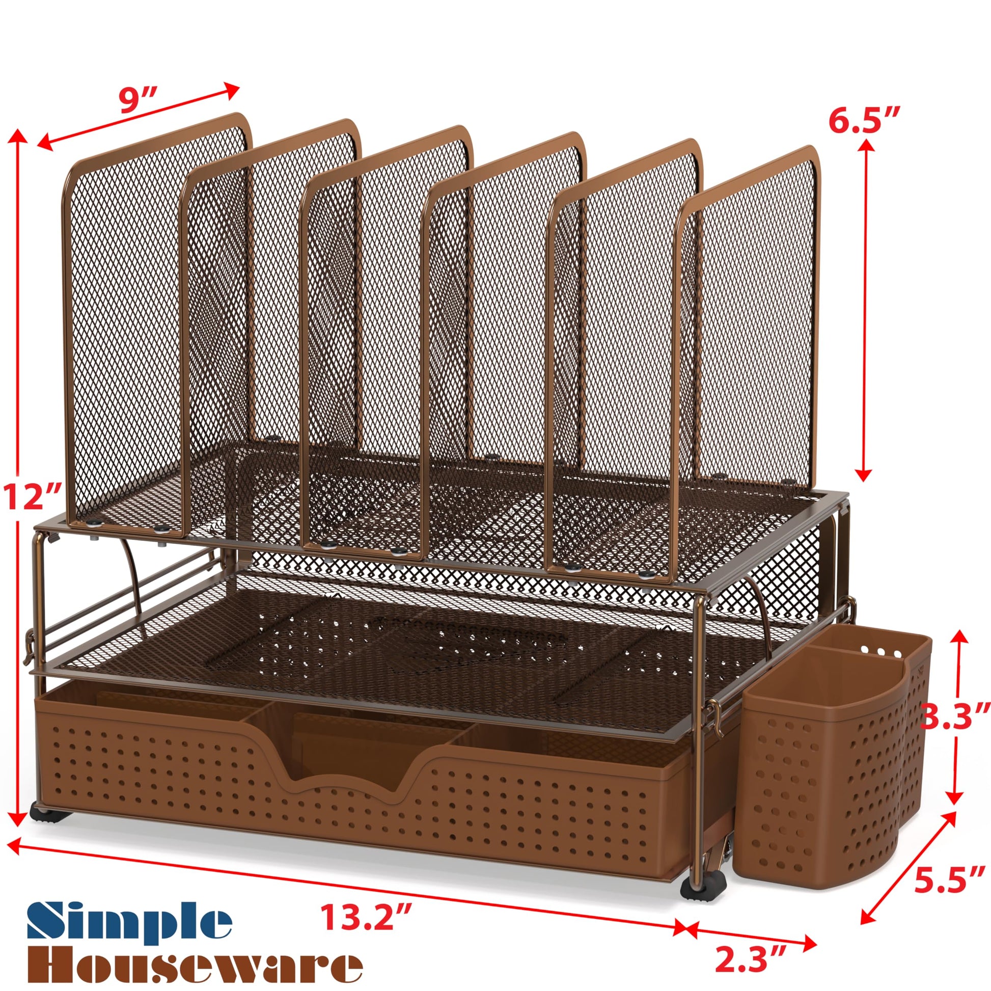 Buy now Simple Houseware Mesh Desk Organizer with Sliding Drawer, Double Tray and 5 Upright Sections, Copper at indiglob india