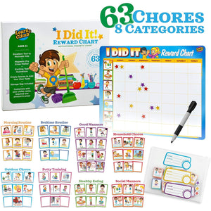 Kids Behavior Reward Chart - 63 Chores as Potty Train, & More. “Thick Magnetic” Responsibility Chart Board/Tasks-for Multiple Kids