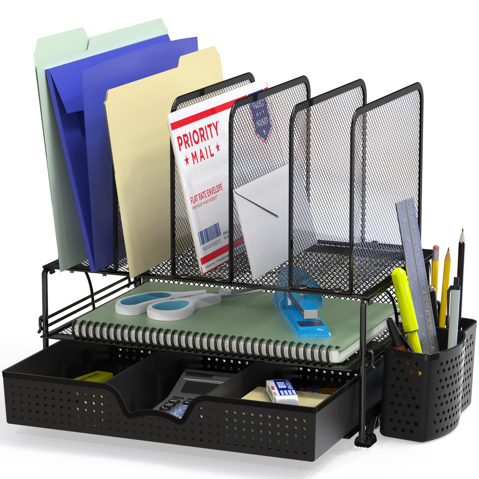 Buy now Simple Houseware Mesh Desk Organizer with Sliding Drawer, Double Tray and 5 Upright Sections, Copper at indiglob india