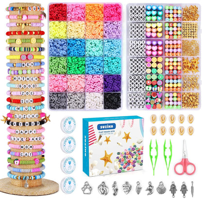 Bracelet Making Kit, 7400 Pcs Clay Beads Flat Round Clay Beads for Jewelry Making Crafts Gift for Girls Ages 3-12(2 Box)