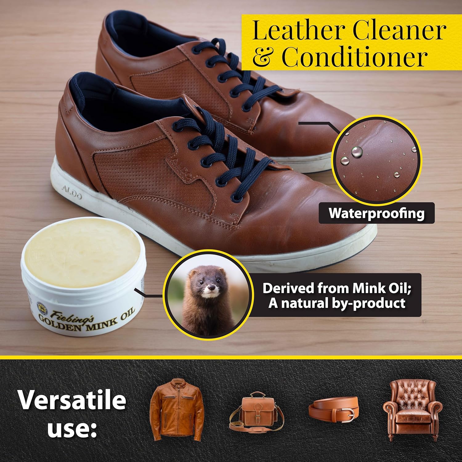 Buy now Fiebing's Golden Mink Oil for Leather Boots (6 oz) - Leather Cleaner & Conditioner - Waterproof, Preserve, Soften All Smooth Leathercraft & Vinyl - Prevents Salt Stains - Use On Couch, Shoe, Purse at indiglob india