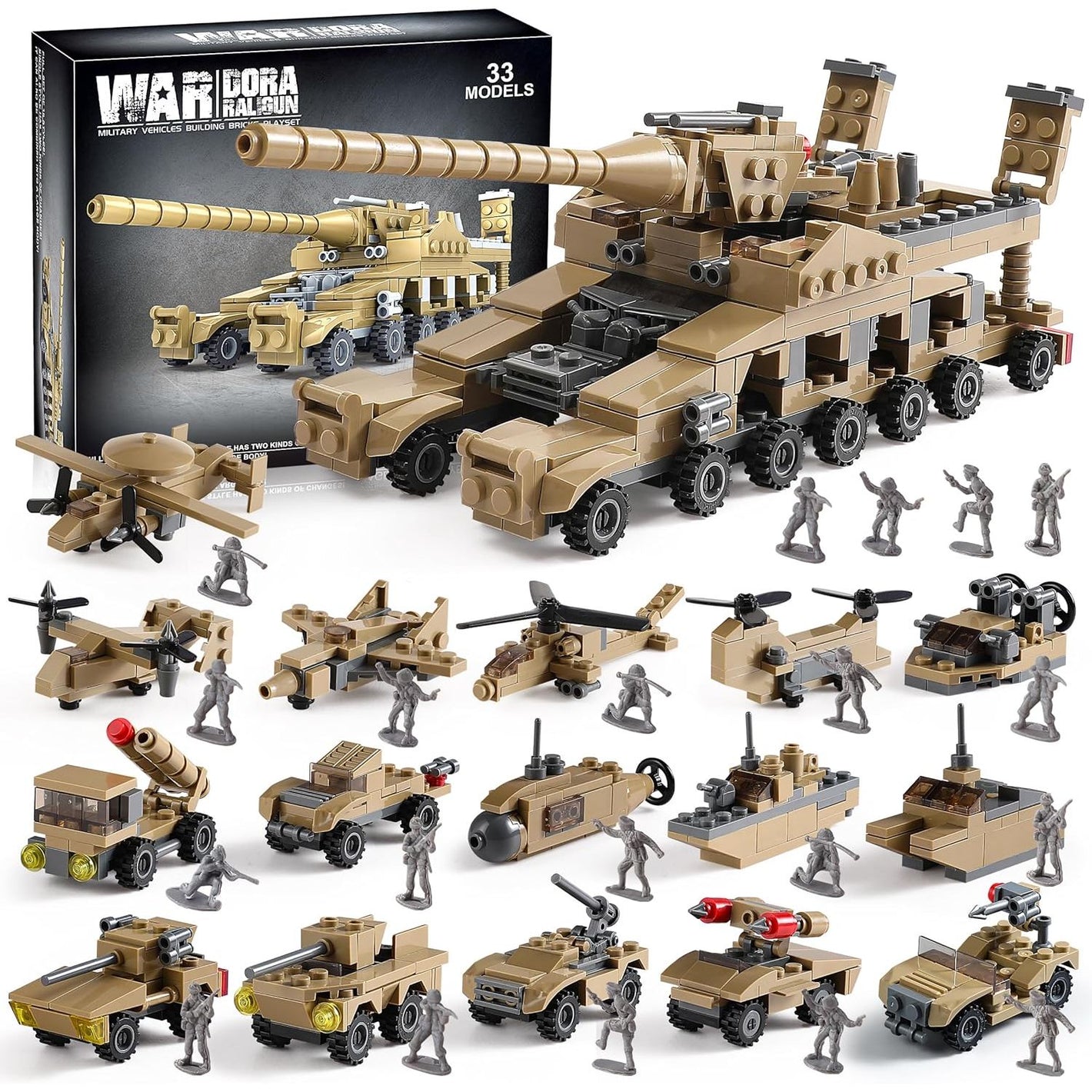 WW2 Army Tank Toys Building Sets Compatible with Lego, Create a German Dora Cannon or 16 Military Vehicles with 20 Toy Soldiers, STEM Toys for Boys Kids Age 6+ Year Old