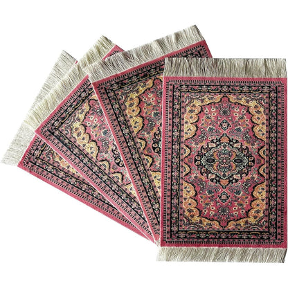 Carpet Coasters, Set 4 Turkish Rug Style Table Drink mats, Absorbent Kitchen and Dining Accessories, Spill & drip Protection