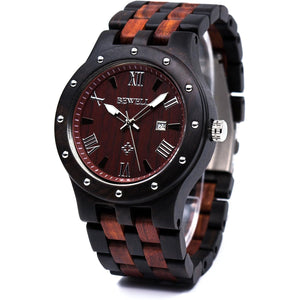 BEWELL Men's Wooden Watches Handmade Date Display Analog Quartz Luminous Wristwatch
