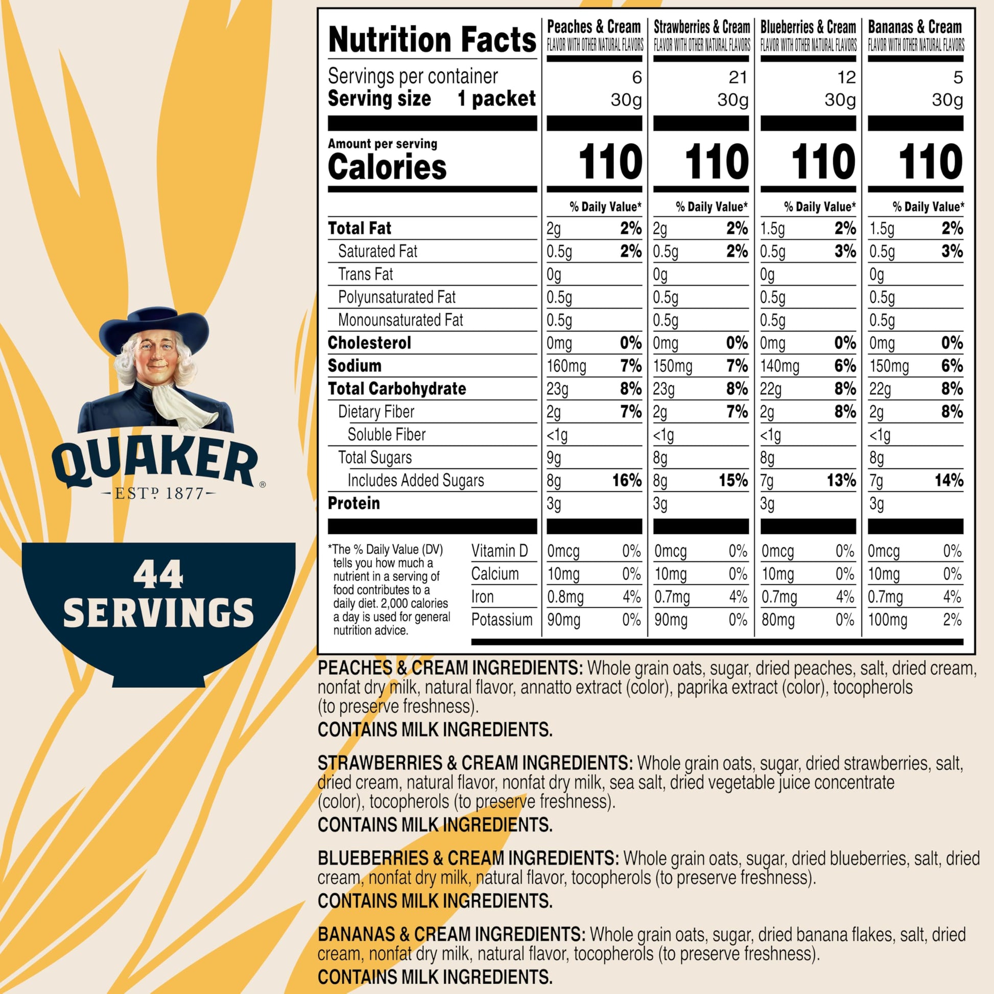Buy now Quaker Instant Oatmeal Fruit & Cream Variety Pack, Single Serve Packets, (44 Pack) at indiglob india