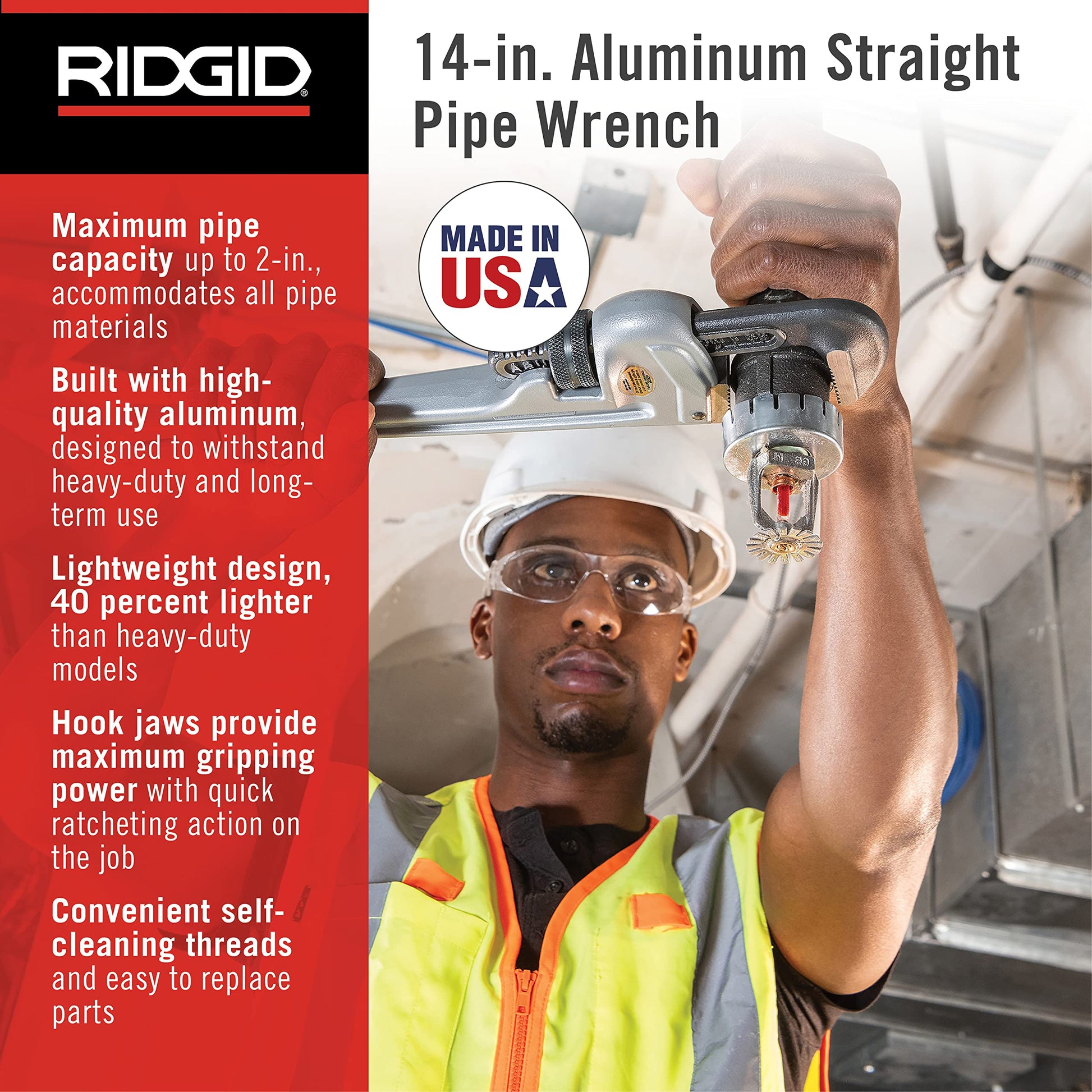 Buy now RIDGID 31095 Model 814 Aluminum Straight 14" Plumbing Pipe Wrench, Silver, Made in the USA at indiglob india
