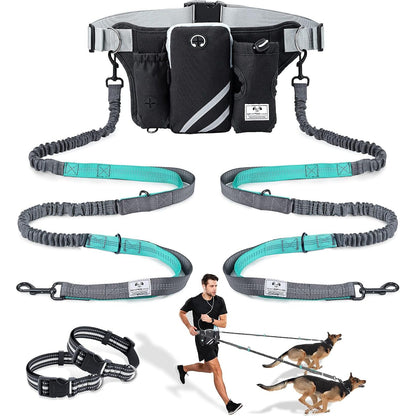 SHINE HAI Retractable Hands Free Dog Leash with Dual Bungees for 2 Dogs, Adjustable Waist Belt Fanny Pack, Reflective Stitching Leash for Running Walking Hiking Jogging Biking Black