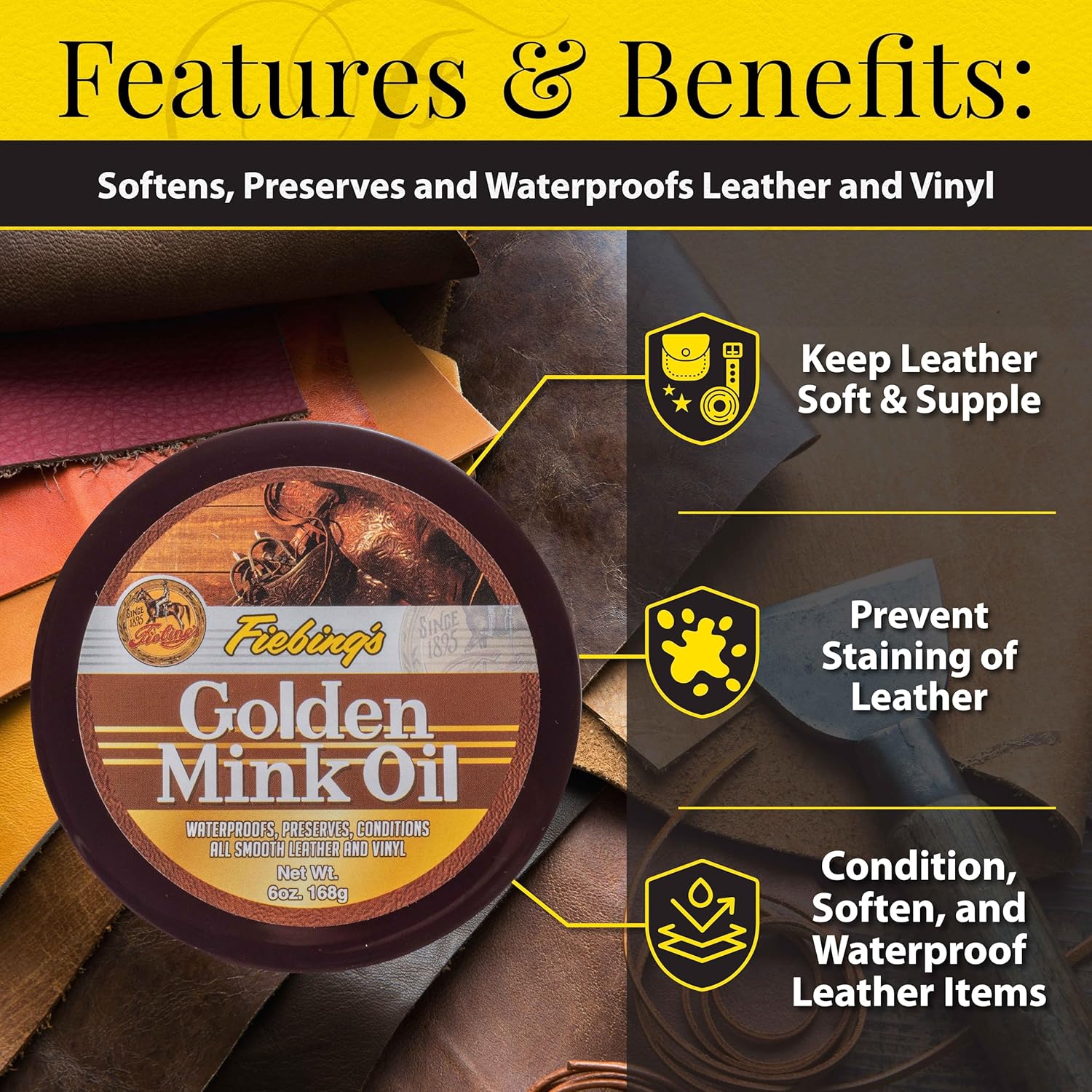 Buy now Fiebing's Golden Mink Oil for Leather Boots (6 oz) - Leather Cleaner & Conditioner - Waterproof, Preserve, Soften All Smooth Leathercraft & Vinyl - Prevents Salt Stains - Use On Couch, Shoe, Purse at indiglob india