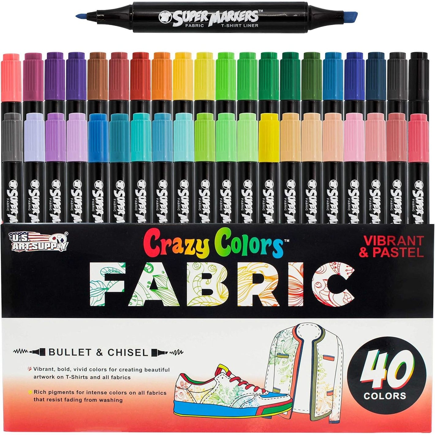 Super Markers 40 Unique Primary & Pastel Colors Dual Tip Fabric & T-Shirt Marker Set - Double-Ended Fabric Markers with Chisel Point and Fine Point Tips - 40 Permanent Ink Vibrant and Bold Colors