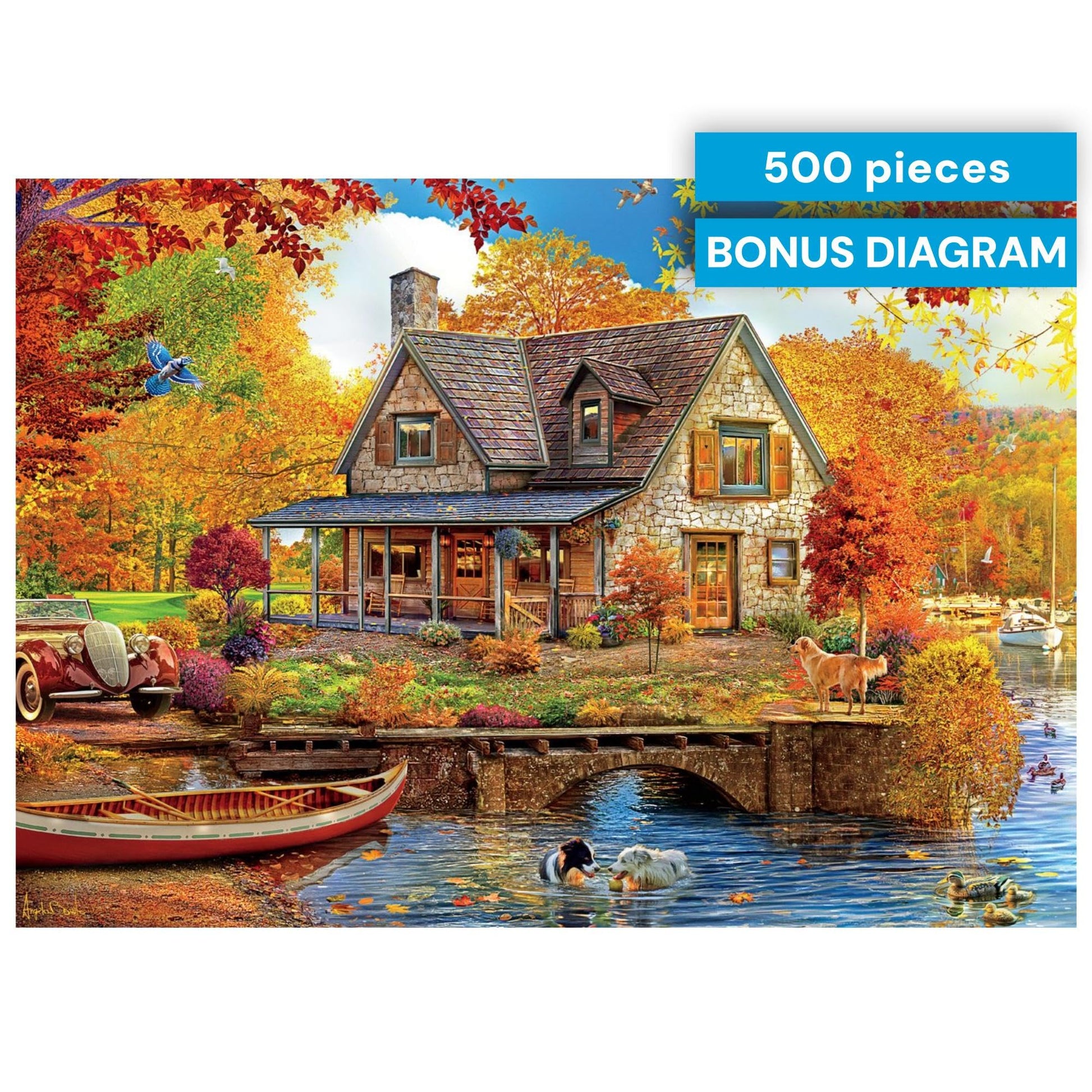 Buy now Buffalo Games - 500 Piece Jigsaw Puzzle Angelo Bonito Autumn Lake House, Made in USA, Premium Recycled Board, Full-Color Poster at indiglob india