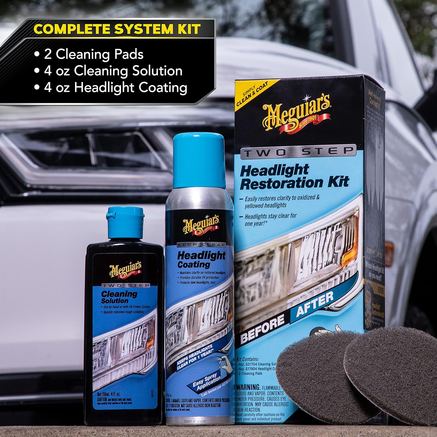 Buy now Meguiar's Two Step Headlight Restoration Kit, Headlight Cleaner Restores Clear Car Plastic and Protects from Re-Oxidation, Includes Headlight Coating and Cleaning Solution - 4 Count (1 Pack) at indiglob india