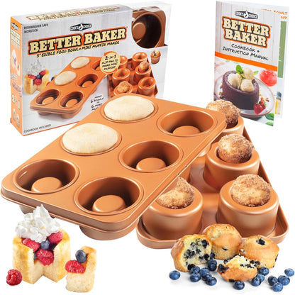 COOK'S CHOICE 2-In-1 Better Baker Edible Food Bowl & Muffin Maker- Simply Flip to Bake six 3" Bowls or Cupcakes- Stainless Steel Non-Stick Bakeware Pan - Use to Make Delicious Appetizers & Desserts