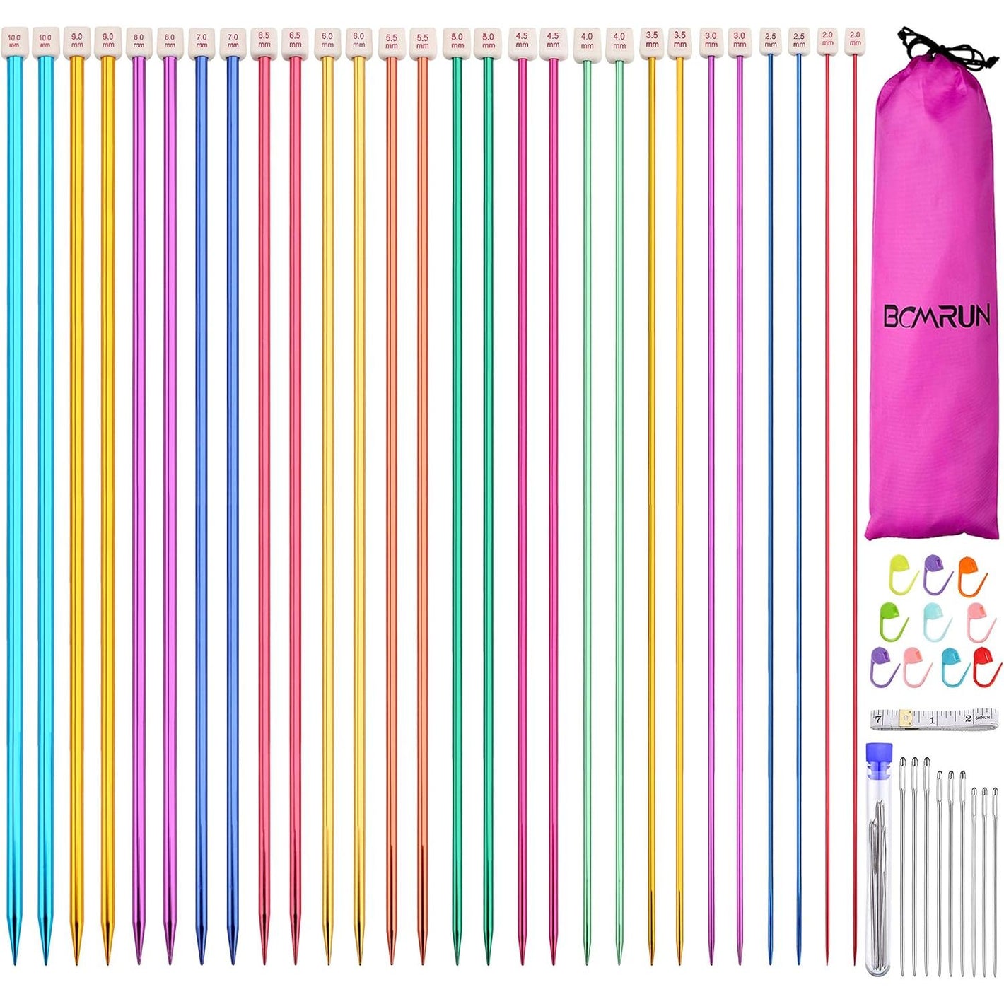 BCMRUN 28Pcs/14 Pairs Stainless Steel Knitting Needles Set, Colored Straight Single Pointed Metal Knitting Needles, 14 Size from 2.0mm-10.0mm, 13.8 Inches Length for Handmade DIY Knitting (35cm)