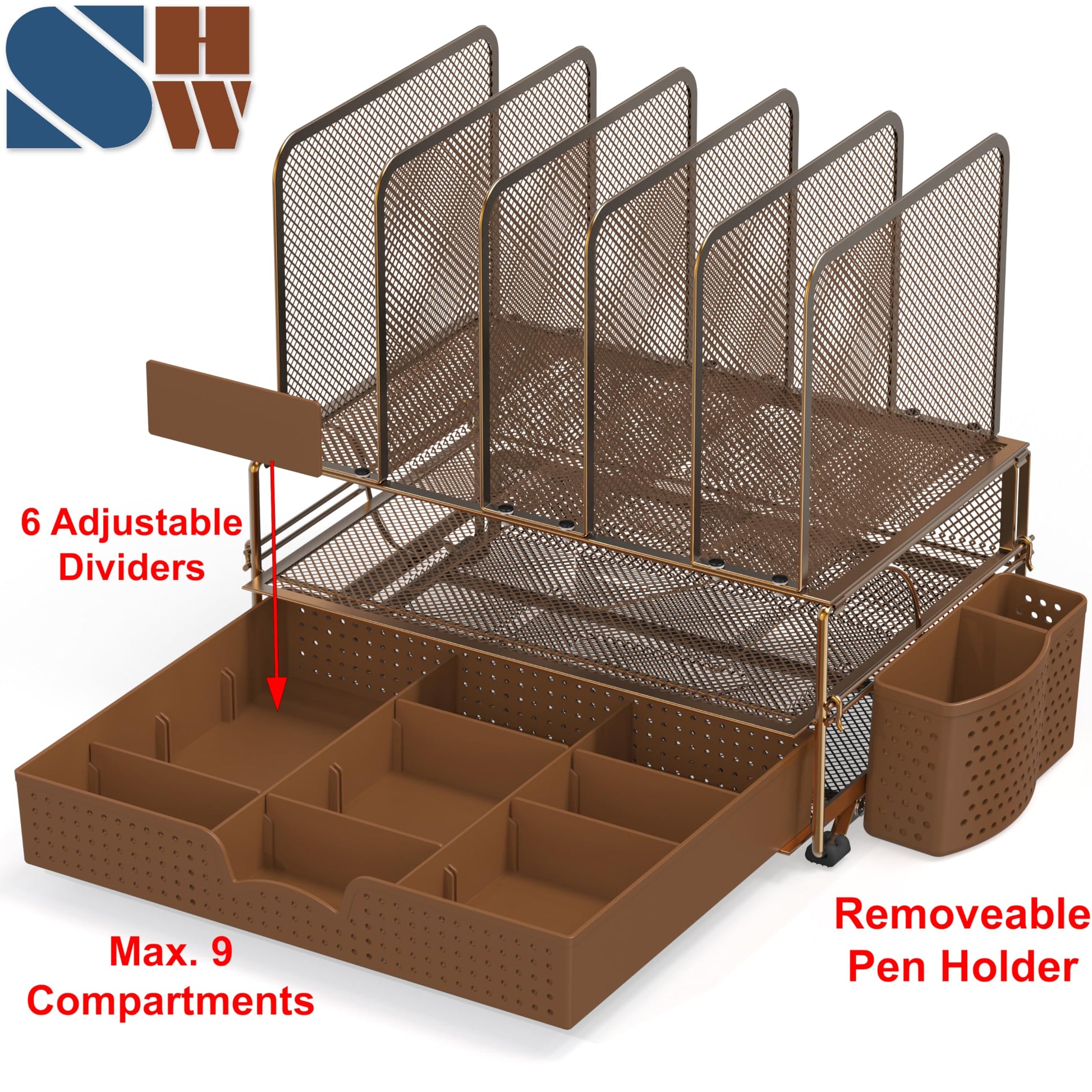 Buy now Simple Houseware Mesh Desk Organizer with Sliding Drawer, Double Tray and 5 Upright Sections, Copper at indiglob india
