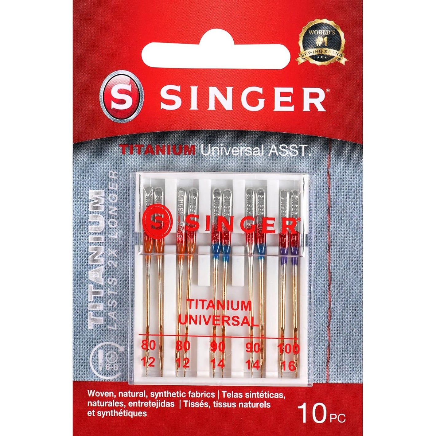 SINGER 04808 Titanium Universal Regular Point Machine Needles Woven Fabric, Sizes 80/11, 90/14, 100/16, 10-Count