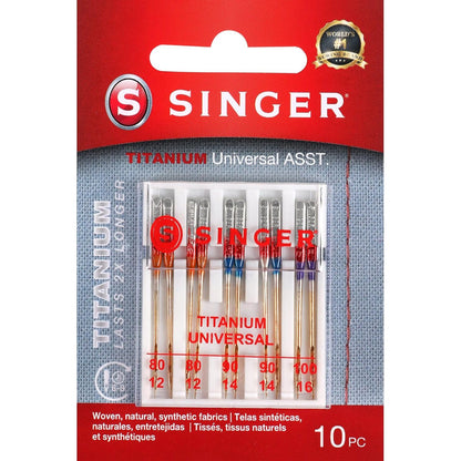 SINGER 04808 Titanium Universal Regular Point Machine Needles Woven Fabric, Sizes 80/11, 90/14, 100/16, 10-Count