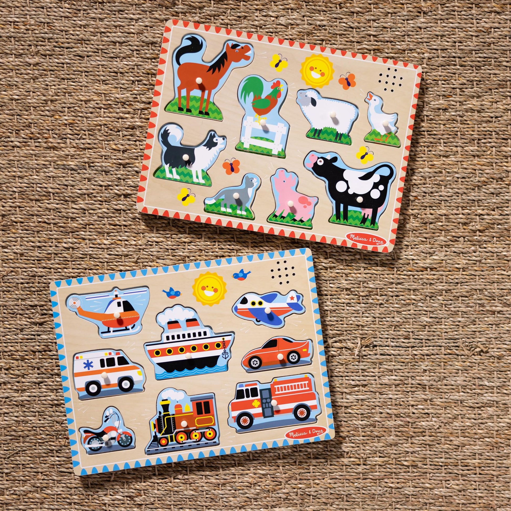 Buy now Melissa & Doug Wooden Light-Activated Sound Puzzle 2-Pack for Toddler and Preschool Boys and Girls ƒ?? Farm Animals, Vehicles at indiglob india