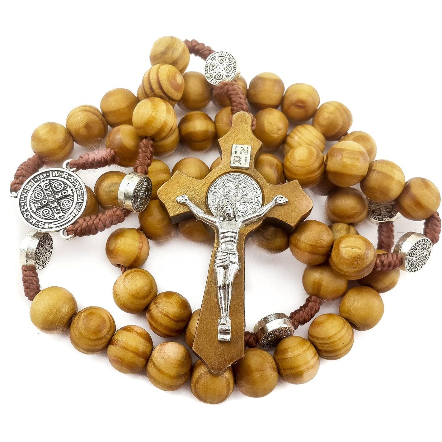 Saint Benedict Evil Protection Medal with Cross Wood Beads Rosary Necklace Nazareth Store