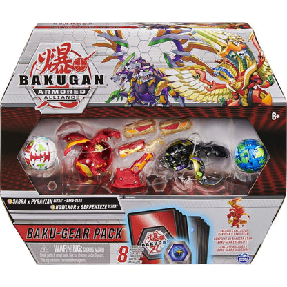 Bakugan Baku-Gear 4-Pack, Fused Sabra x Pyravian Ultra with Baku-Gear and Howlkor x Serpenteze Ultra Collectible Action Figures