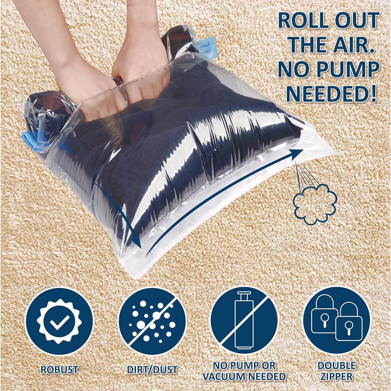 15 Compression Bags for Travel, Roll Up Space Saver Bags for Travel, Saves 80% of Storage Space for Packing & Clothes, No Pump or Vacuum Needed - My Store