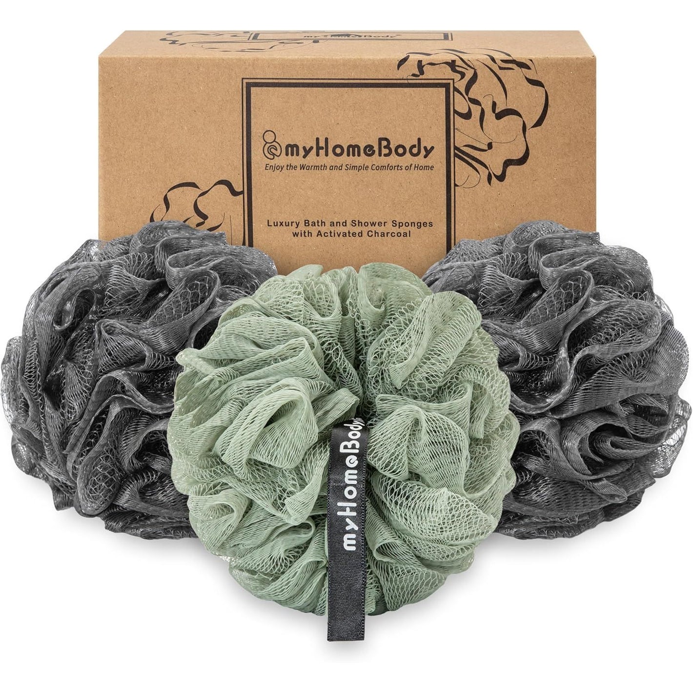 myHomeBody Large 70g Loofah Sponge, Bath Body Scrubber for Women, Men, Exfoliating Shower Pouf with Activated Charcoal - 2 Graphite Gray + 1 Sage Green, 3 Pack