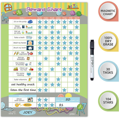 JJPRO Reward Chart for Kids, Dry Erase Routine Chart, Magnetic Behavior Chart for Kids, Star Chart for Kids Behavior at Home.Includes 30 tasks,104 Stars -11“ x 14.5"- Green