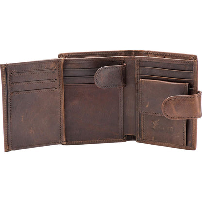 POKOFO Large RFID Genuine Leather Card Holder Trifold Wallet Snap Closure 3 ID Windows for men