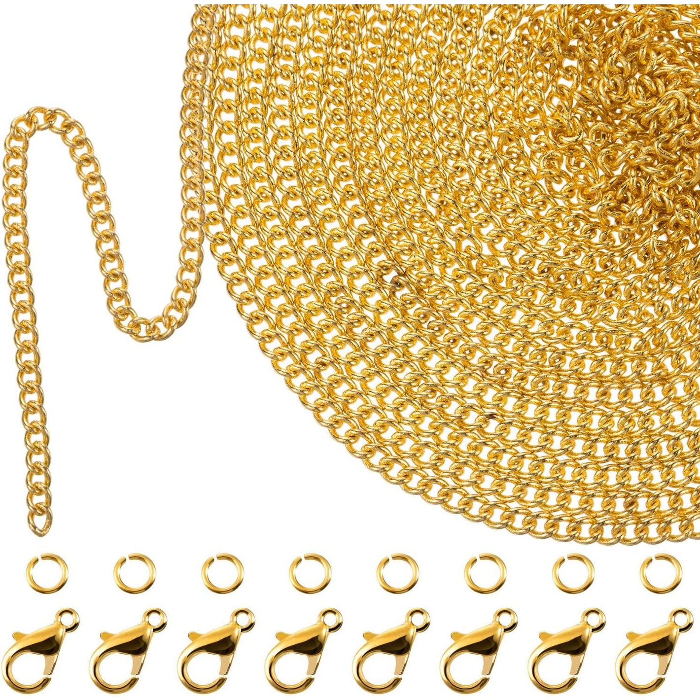 TecUnite 33 Feet 1.5mm Gold Plated Link Chain Necklace with 30 Jump Rings 20 Lobster Clasps for Men Women Jewelry Chain DIY Making