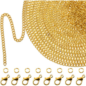 TecUnite 33 Feet 1.5mm Gold Plated Link Chain Necklace with 30 Jump Rings 20 Lobster Clasps for Men Women Jewelry Chain DIY Making