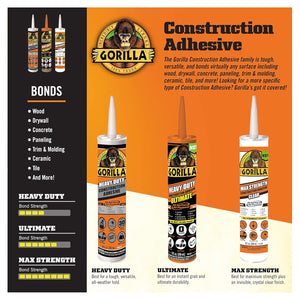 Gorilla Heavy Duty Construction Adhesive, White Glue, 9 Ounce Cartridge (Pack of 1) - Gap Filling and Waterproof