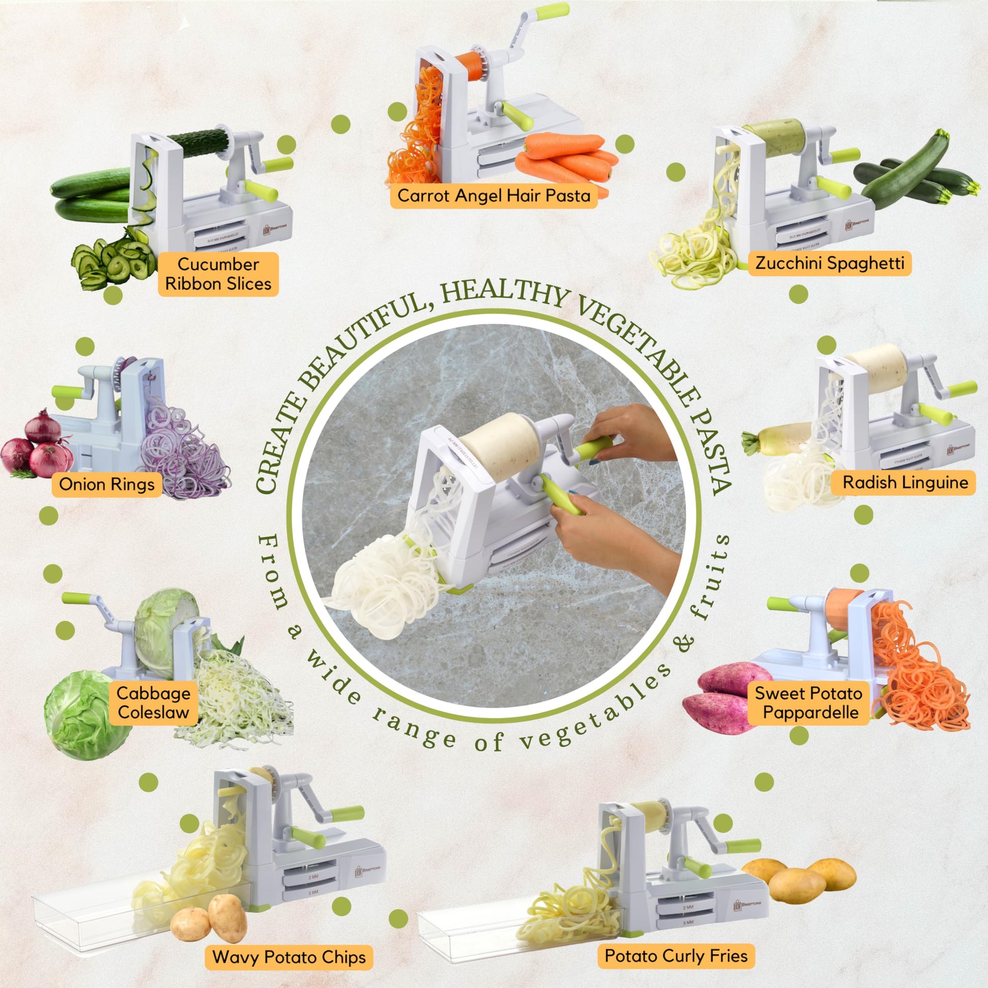 Buy now Brieftons 7-Blade Vegetable Spiralizer: Strongest-Heaviest Spiral Slicer, Best Veggie Pasta Spaghetti Maker for Low Carb/Paleo/Gluten-Free Meals, With Container, Lid, Blade Caddy & 4 Recipe Ebooks at indiglob india
