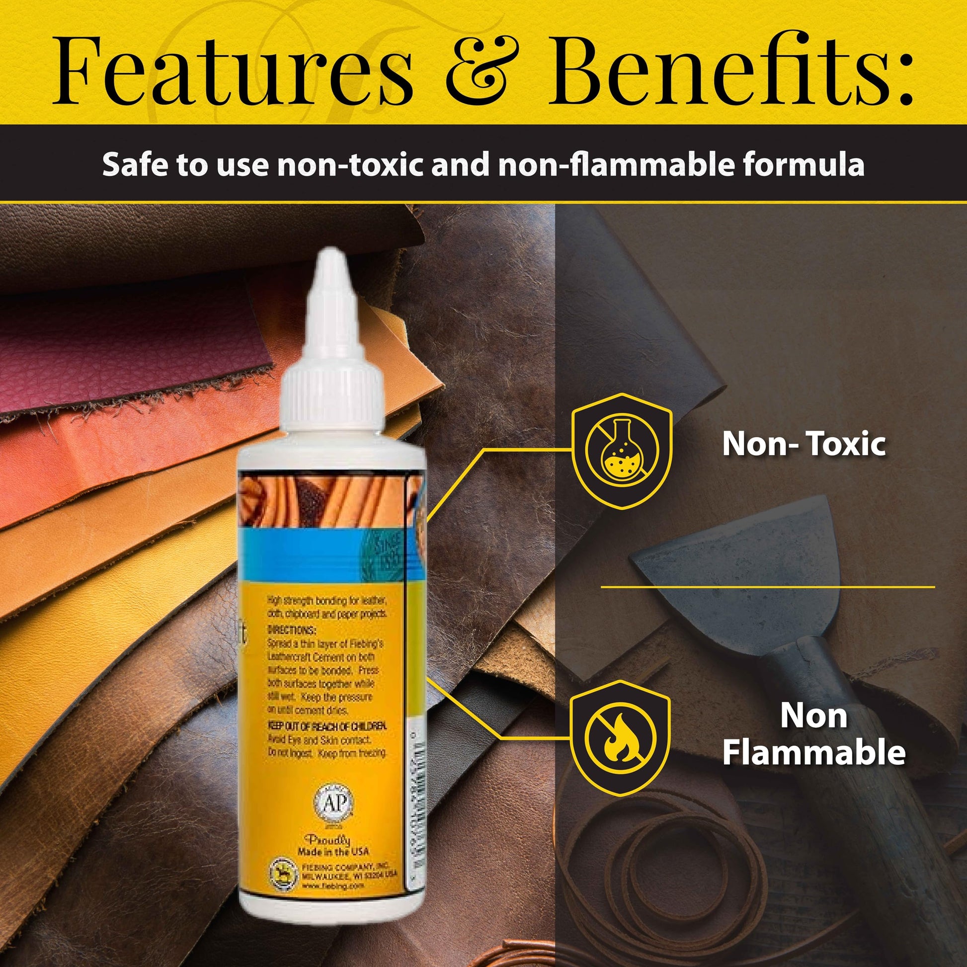 Buy now Fiebing's Leathercraft Cement - 4 oz Leather Glue Adhesive - Quick Drying, High Strength, Flexible, Permanent Bonding Leather Repair for Jackets, Shoes, Furniture, Purse - Non-Toxic & Non-Flammable at indiglob india