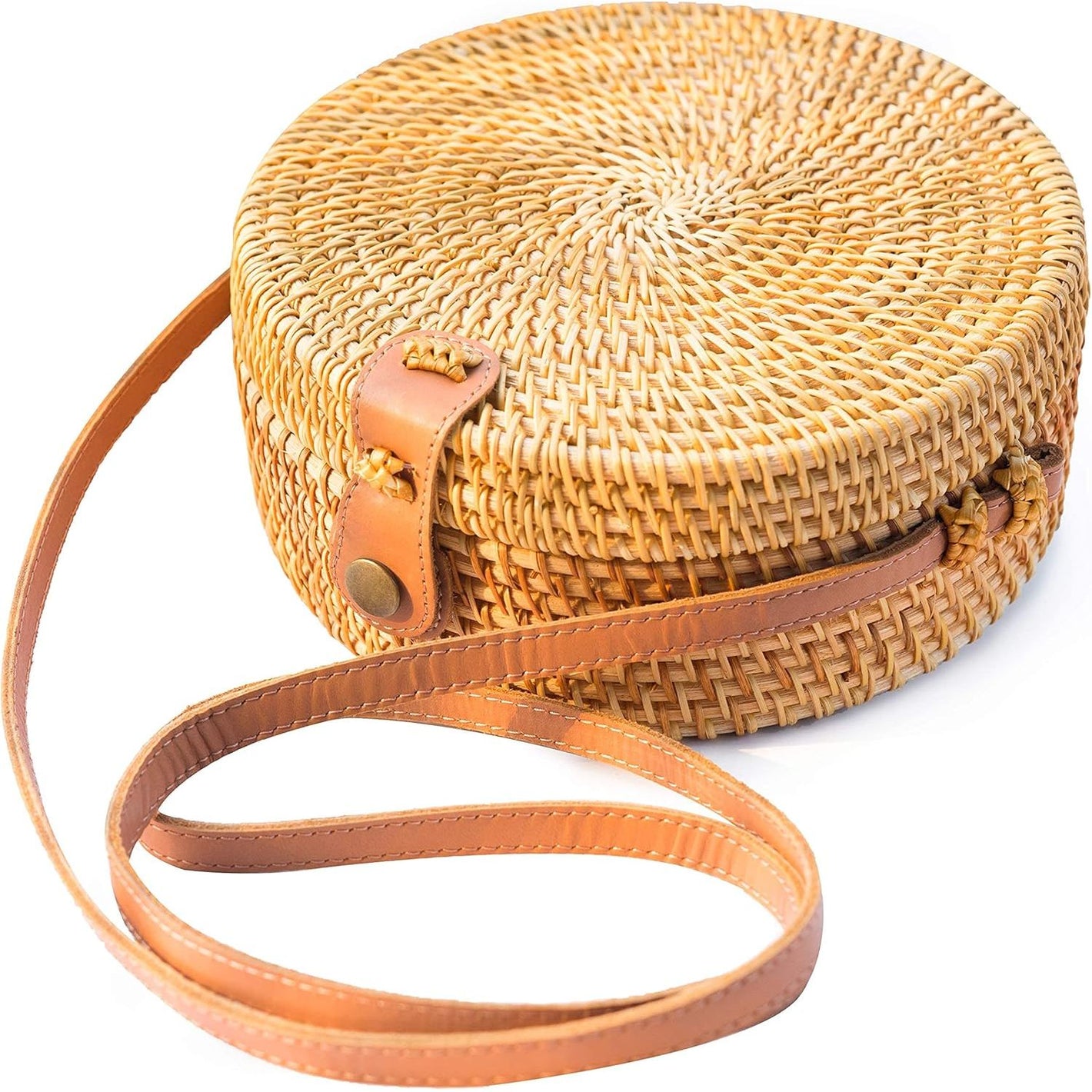 Round Straw Bag Shoulder Leather Straps | Wicker Rattan Hand Woven Crossbody Shoulder Purse Beach Bags for Women