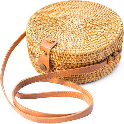 Round Straw Bag Shoulder Leather Straps | Wicker Rattan Hand Woven Crossbody Shoulder Purse Beach Bags for Women
