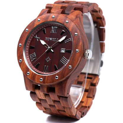 BEWELL Men's Wooden Watches Handmade Date Display Analog Quartz Luminous Wristwatch