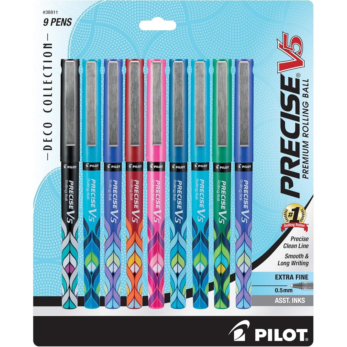 PILOT Precise V5 Capped Liquid Ink Rollerball Pens, Deco Collection, Extra Fine Point Ink Pens 0.5 mm, Colored Pens, Assorted, Pack of 9 - Ideal for School, Journaling, & Office Writing