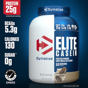 Dymatize Elite Casein Protein Powder, Cookies & Cream, 100% Micellar Casein, 25g Protein, 5.4g BCAAs, 2.3g Leucine, Slow Absorbing for Overnight Muscle Recovery, 4 lb (53 Servings)