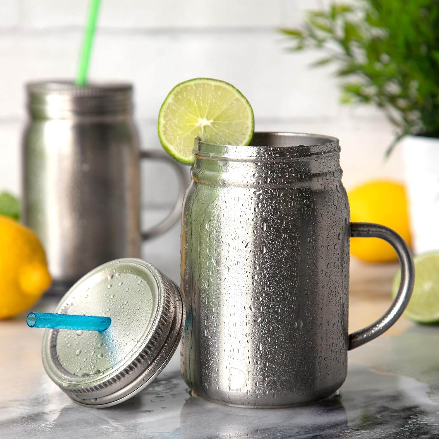 16 Oz Stainless Steel Mason Jars with Straws & Lids (2 Pack) - Insulated Double Wall Drinking Mugs Keep Drinks Hot or Cold for Hours - Essential Reusable Water Bottles, Coffee Cups, Travel Tumblers - My Store