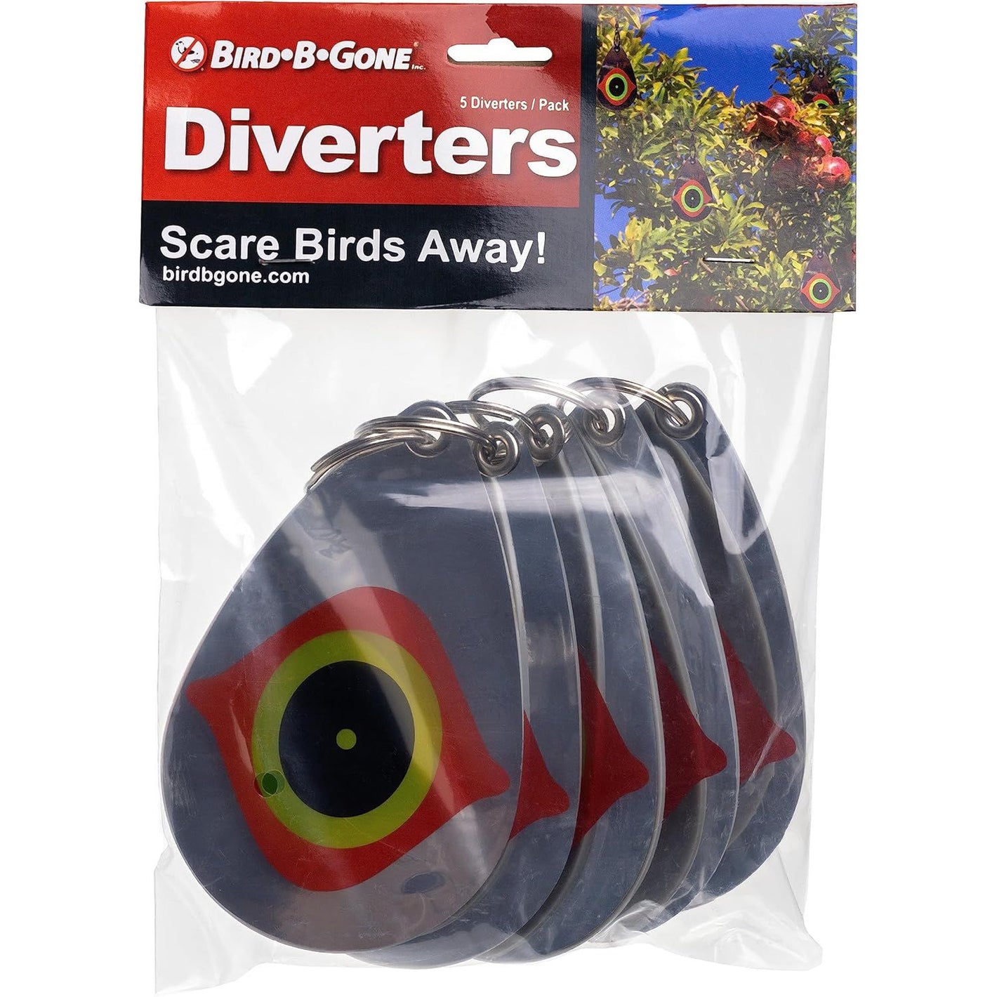 Bird B Gone - Reflective Eye Bird Diverters - Set of 5 - Foil Deterrent Mimics Predator Eyes - Scares Birds Away - for Trees, Patios, Gazebos, Boats, Etc - Durable Outdoor Plastic - 360° Rotation