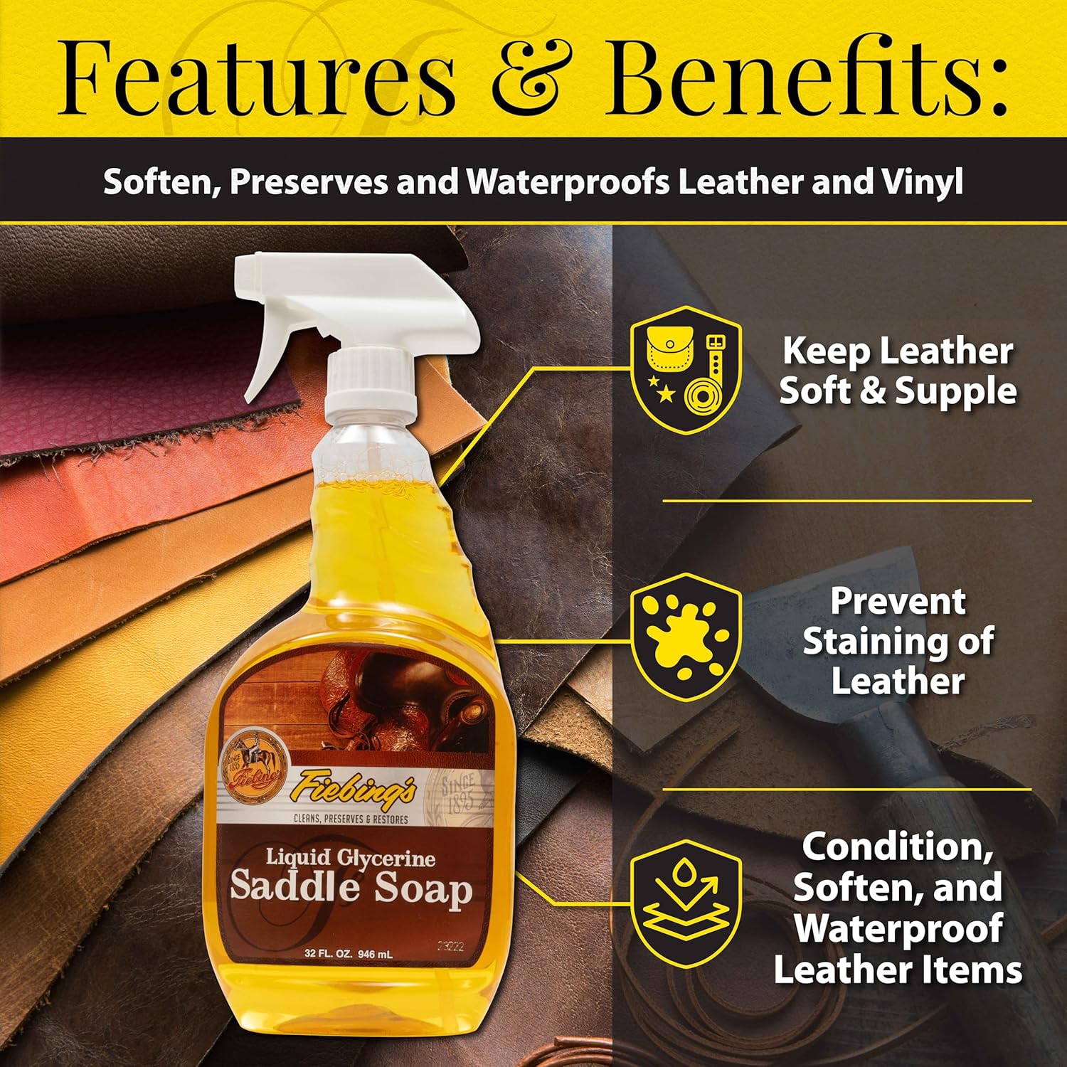 Buy now Fiebing's Liquid Glycerine Saddle Soap for Leather (32 oz) - Smooth Leather Cleaner & Conditioner to Soften, Protect & Restore Leathercraft - for Car Seat, Couch, Shoe, Purse, Boot, Bag, & Saddles at indiglob india