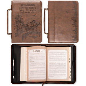 Christian Art Gifts Men's Classic Bible Cover On Wings Like Eagles Mountain Isaiah 40:31, Brown Faux Leather, Large